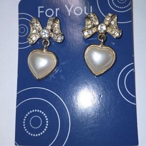 Gold Bow Pearl Hearts Wedding Earrings